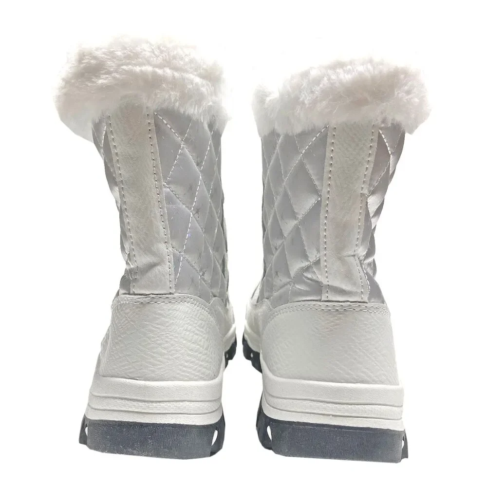 Hobibear Kids' Quilted Snow Boots Faux Fur Lined EU 36 US 4 White Silver Lace-up